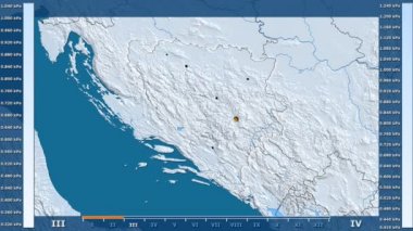 Aya göre su buharı basıncı ile Bosna ve Hersek alanında parlayan şekli, idari sınırları, ana şehirler, sermaye efsane - animasyon. Sterografik projeksiyon