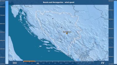 Rüzgar hızı aya göre animasyonlu efsanesi - İngilizce etiketleri ile Bosna ve Hersek alanında: ülke ve sermaye adları, açıklama göster. Sterografik projeksiyon