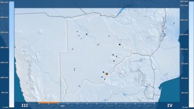 Animasyonlu gösterge - parlayan şekli, idari sınırları, ana şehirler, sermaye ile Botsvana bölgede yağış aya göre. Sterografik projeksiyon