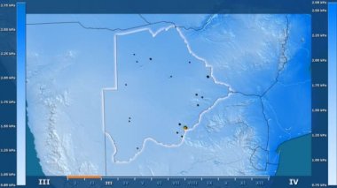 Animasyonlu gösterge - parlayan şekli, idari sınırları, ana şehirler, sermaye ile Botsvana bölgede su buharı basıncı aya göre. Sterografik projeksiyon
