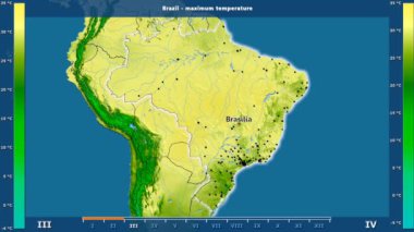 Aya göre maksimum sıcaklık animasyonlu efsanesi - İngilizce etiketleri ile Brezilya alanında: ülke ve sermaye adları, açıklama göster. Sterografik projeksiyon