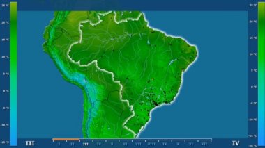 Animasyonlu efsanesi - parlayan şekli, idari sınırları, ana şehirler, sermaye ile Brezilya alanında minimum sıcaklığı aya göre. Sterografik projeksiyon