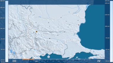 Animasyonlu gösterge - parlayan şekli, idari sınırları, ana şehirler, sermaye ile Bulgaristan bölgede yağış aya göre. Sterografik projeksiyon