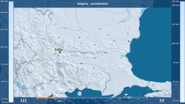 Bulgaristan alan animasyonlu efsanesi - İngilizce etiketleri ile aya göre Yağış: ülke ve sermaye adları, açıklama göster. Sterografik projeksiyon