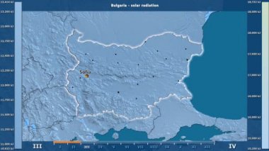 Aya göre güneş radyasyonu animasyonlu efsanesi - İngilizce etiketleri ile Bulgaristan bölgesinde: ülke ve sermaye adları, açıklama göster. Sterografik projeksiyon
