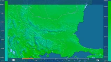 Animasyonlu efsanesi - ham renk shader ile Bulgaristan bölgesinde ortalama sıcaklık aya göre. Sterografik projeksiyon
