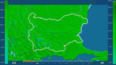 Animasyonlu efsanesi - parlayan şekli, idari sınırları, ana şehirler, sermaye ile Bulgaristan bölgesinde maksimum sıcaklık aya göre. Sterografik projeksiyon
