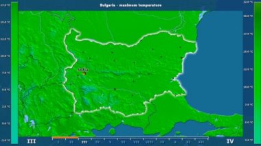 Aya göre maksimum sıcaklık animasyonlu efsanesi - İngilizce etiketleri ile Bulgaristan bölgesinde: ülke ve sermaye adları, açıklama göster. Sterografik projeksiyon