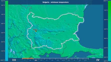 Animasyonlu efsanesi - İngilizce etiketleri ile Bulgaristan bölgesinde aya göre minimum sıcaklığı: ülke ve sermaye adları, açıklama göster. Sterografik projeksiyon