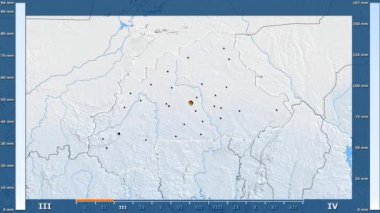 Burkina Faso alanda animasyonlu gösterge - parlayan şekli, idari sınırları, ana şehirler, sermaye ile yağış aya göre. Sterografik projeksiyon