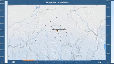 Burkina Faso alanı animasyonlu gösterge - İngilizce etiketleri ile aya göre Yağış: ülke ve sermaye adları, açıklama göster. Sterografik projeksiyon
