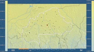 Burkina Faso alanda animasyonlu gösterge - parlayan şekli, idari sınırları, ana şehirler, sermaye ile güneş radyasyonu aya göre. Sterografik projeksiyon