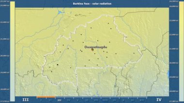Aya göre güneş radyasyonu ile animasyonlu gösterge - İngilizce etiketleri Burkina Faso alanında: ülke ve sermaye adları, açıklama göster. Sterografik projeksiyon