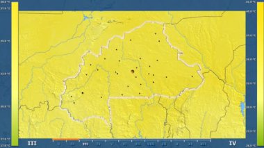 Burkina Faso alanda animasyonlu gösterge - parlayan şekli, idari sınırları, ana şehirler, sermaye ile maksimum sıcaklık aya göre. Sterografik projeksiyon