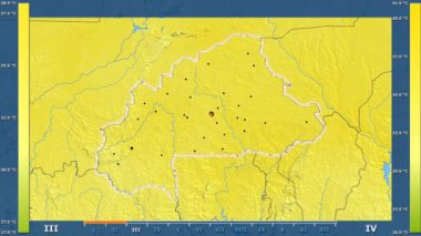 Burkina Faso alanda animasyonlu gösterge - parlayan şekli, idari sınırları, ana şehirler, sermaye ile maksimum sıcaklık aya göre. Sterografik projeksiyon