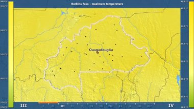 Burkina Faso alanda animasyonlu gösterge - İngilizce etiketleri ile aya göre maksimum sıcaklık: ülke ve sermaye adları, açıklama göster. Sterografik projeksiyon