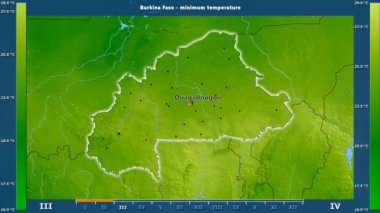 Burkina Faso alanda animasyonlu gösterge - İngilizce etiketleri ile aya göre minimum sıcaklığı: ülke ve sermaye adları, açıklama göster. Sterografik projeksiyon