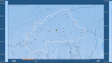 Hız Burkina Faso alanda animasyonlu gösterge - parlayan şekli, idari sınırları, ana şehirler, sermaye ile aya göre rüzgar. Sterografik projeksiyon