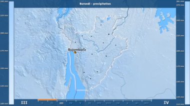 Burundi alanı animasyonlu gösterge - İngilizce etiketleri ile aya göre Yağış: ülke ve sermaye adları, açıklama göster. Sterografik projeksiyon