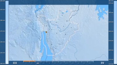 Animasyonlu gösterge - parlayan şekli, idari sınırları, ana şehirler, sermaye ile Burundi bölgede yağış aya göre. Sterografik projeksiyon