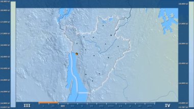 Burundi alanda animasyonlu gösterge - parlayan şekli, idari sınırları, ana şehirler, sermaye ile güneş radyasyonu aya göre. Sterografik projeksiyon