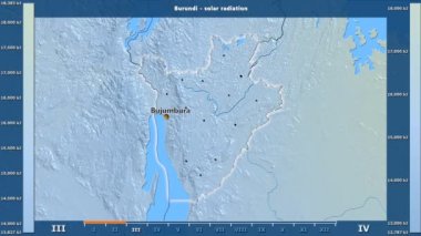 Aya göre güneş radyasyonu ile animasyonlu gösterge - İngilizce etiketleri Burundi alanında: ülke ve sermaye adları, açıklama göster. Sterografik projeksiyon