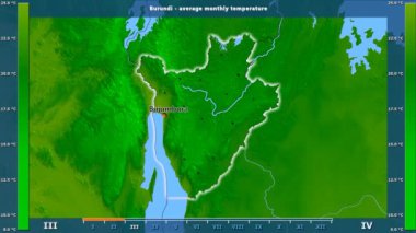 Ortalama sıcaklık ay tarafından animasyonlu gösterge - İngilizce etiketleri Burundi bölge: ülke ve sermaye adları, açıklama göster. Sterografik projeksiyon