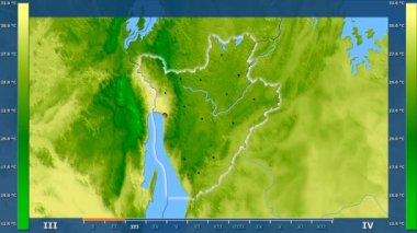 Burundi alanda animasyonlu gösterge - parlayan şekli, idari sınırları, ana şehirler, sermaye ile maksimum sıcaklık aya göre. Sterografik projeksiyon