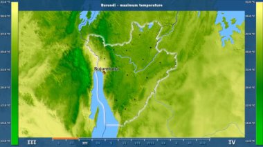 Burundi alanda animasyonlu gösterge - İngilizce etiketleri ile aya göre maksimum sıcaklık: ülke ve sermaye adları, açıklama göster. Sterografik projeksiyon