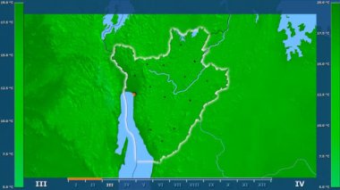 Animasyonlu efsanesi - parlayan şekli, idari sınırları, ana şehirler, sermaye ile Burundi alanında minimum sıcaklığı aya göre. Sterografik projeksiyon