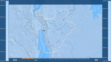 Hız Burundi alanda animasyonlu gösterge - parlayan şekli, idari sınırları, ana şehirler, sermaye ile aya göre rüzgar. Sterografik projeksiyon