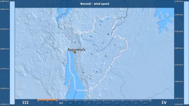 Rüzgar hızı aya göre animasyonlu gösterge - İngilizce etiketleri Burundi bölge: ülke ve sermaye adları, açıklama göster. Sterografik projeksiyon