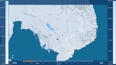 Kamboçya alan animasyonlu efsanesi - parlayan şekli, idari sınırları, ana şehirler, sermaye ile yağış aya göre. Sterografik projeksiyon