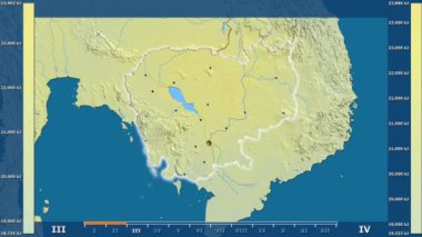 Animasyonlu gösterge parlayan şekli, idari sınırları, ana şehirler, sermaye - Kamboçya bölge güneş radyasyonu aya göre. Sterografik projeksiyon