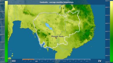 Ortalama sıcaklık ay tarafından animasyonlu gösterge - İngilizce etiketleri Kamboçya bölge: ülke ve sermaye adları, açıklama göster. Sterografik projeksiyon