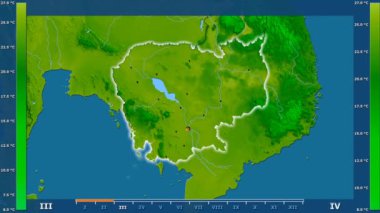 Animasyonlu efsanesi - parlayan şekli, idari sınırları, ana şehirler, sermaye ile Kamboçya alanında minimum sıcaklığı aya göre. Sterografik projeksiyon