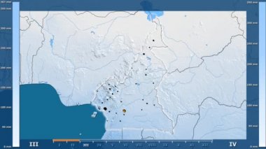 Animasyonlu gösterge - parlayan şekli, idari sınırları, ana şehirler, sermaye ile Kamerun bölgede yağış aya göre. Sterografik projeksiyon