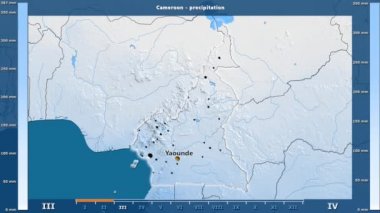 Aya göre yağış animasyonlu gösterge - İngilizce etiketleri Kamerun bölge: ülke ve sermaye adları, açıklama göster. Sterografik projeksiyon
