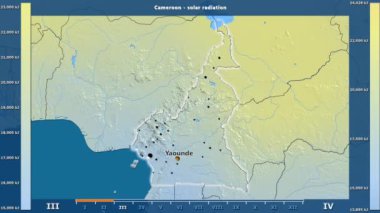 Aya göre güneş radyasyonu animasyonlu gösterge - İngilizce etiketleri Kamerun bölge: ülke ve sermaye adları, açıklama göster. Sterografik projeksiyon