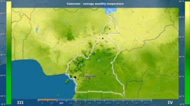 Ortalama sıcaklık ay tarafından animasyonlu gösterge - İngilizce etiketleri Kamerun bölge: ülke ve sermaye adları, açıklama göster. Sterografik projeksiyon