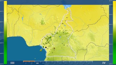 Animasyonlu gösterge parlayan şekli, idari sınırları, ana şehirler, sermaye - Kamerun bölge maksimum sıcaklık aya göre. Sterografik projeksiyon