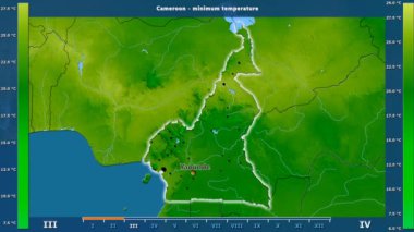 Aya göre minimum sıcaklığı animasyonlu gösterge - İngilizce etiketleri Kamerun bölge: ülke ve sermaye adları, açıklama göster. Sterografik projeksiyon