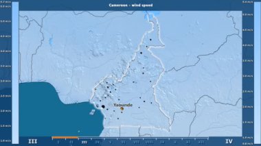 Rüzgar hızı aya göre animasyonlu gösterge - İngilizce etiketleri Kamerun bölge: ülke ve sermaye adları, açıklama göster. Sterografik projeksiyon