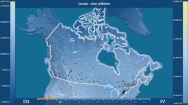 Aya göre güneş radyasyonu animasyonlu efsanesi - İngilizce etiketleri ile Kanada alanında: ülke ve sermaye adları, açıklama göster. Sterografik projeksiyon