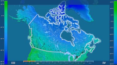 Animasyonlu efsanesi - parlayan şekli, idari sınırları, ana şehirler, sermaye ile Kanada alanında ortalama sıcaklık aya göre. Sterografik projeksiyon