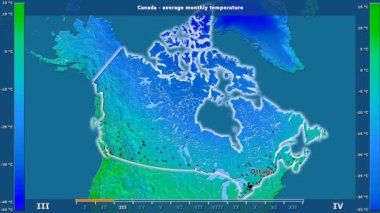 Ortalama sıcaklık ay tarafından animasyonlu efsanesi - İngilizce etiketleri ile Kanada alanında: ülke ve sermaye adları, açıklama göster. Sterografik projeksiyon