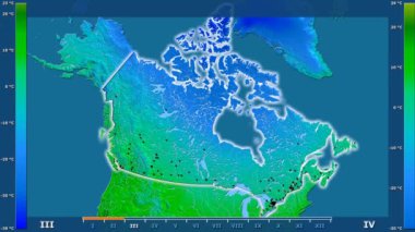 Animasyonlu efsanesi - parlayan şekli, idari sınırları, ana şehirler, sermaye ile Kanada alanında maksimum sıcaklık aya göre. Sterografik projeksiyon