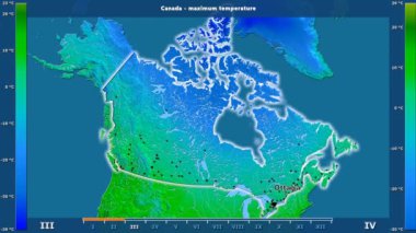 Aya göre maksimum sıcaklık animasyonlu efsanesi - İngilizce etiketleri ile Kanada alanında: ülke ve sermaye adları, açıklama göster. Sterografik projeksiyon