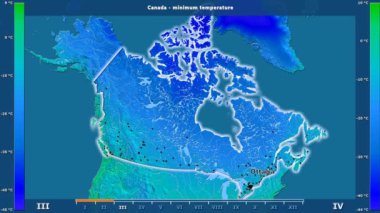 Kanada alanda animasyonlu gösterge - İngilizce etiketleri ile aya göre minimum sıcaklığı: ülke ve sermaye adları, açıklama göster. Sterografik projeksiyon