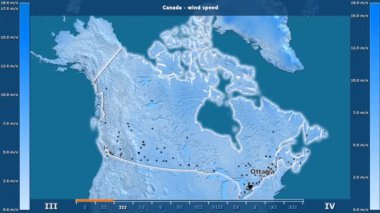 Rüzgar hızı aya göre animasyonlu efsanesi - İngilizce etiketleri ile Kanada alanında: ülke ve sermaye adları, açıklama göster. Sterografik projeksiyon